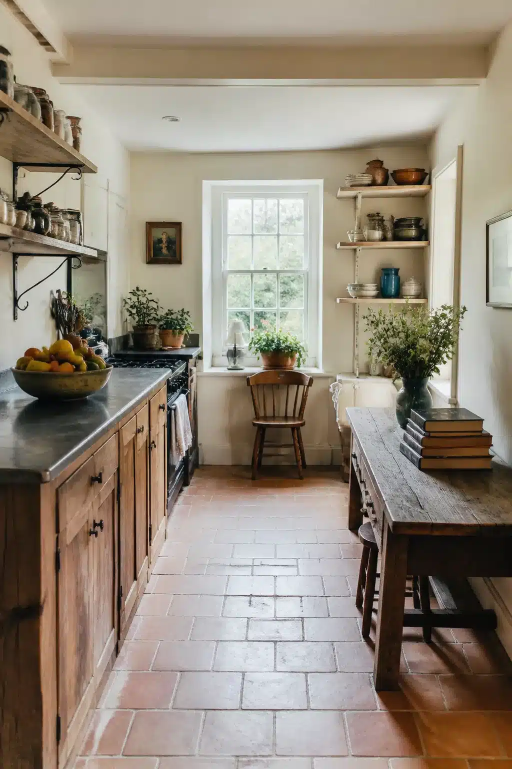 Cottage kitchen aesthetic with terracotta floor tiles, reclaimed wood open shelves, and slate countertops.