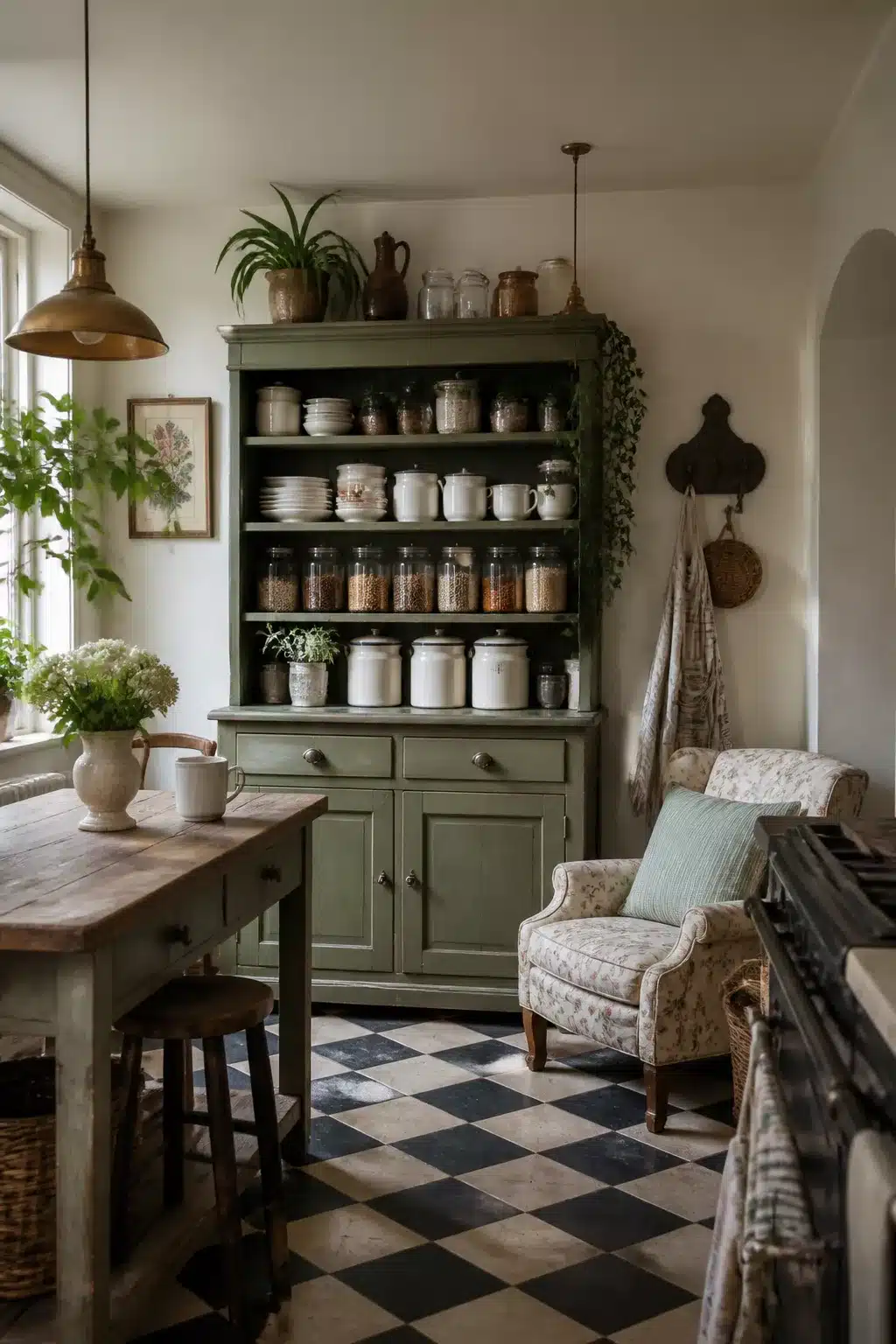Sage green dresser with glass jars and checker floor in a cozy cottage kitchen aesthetic