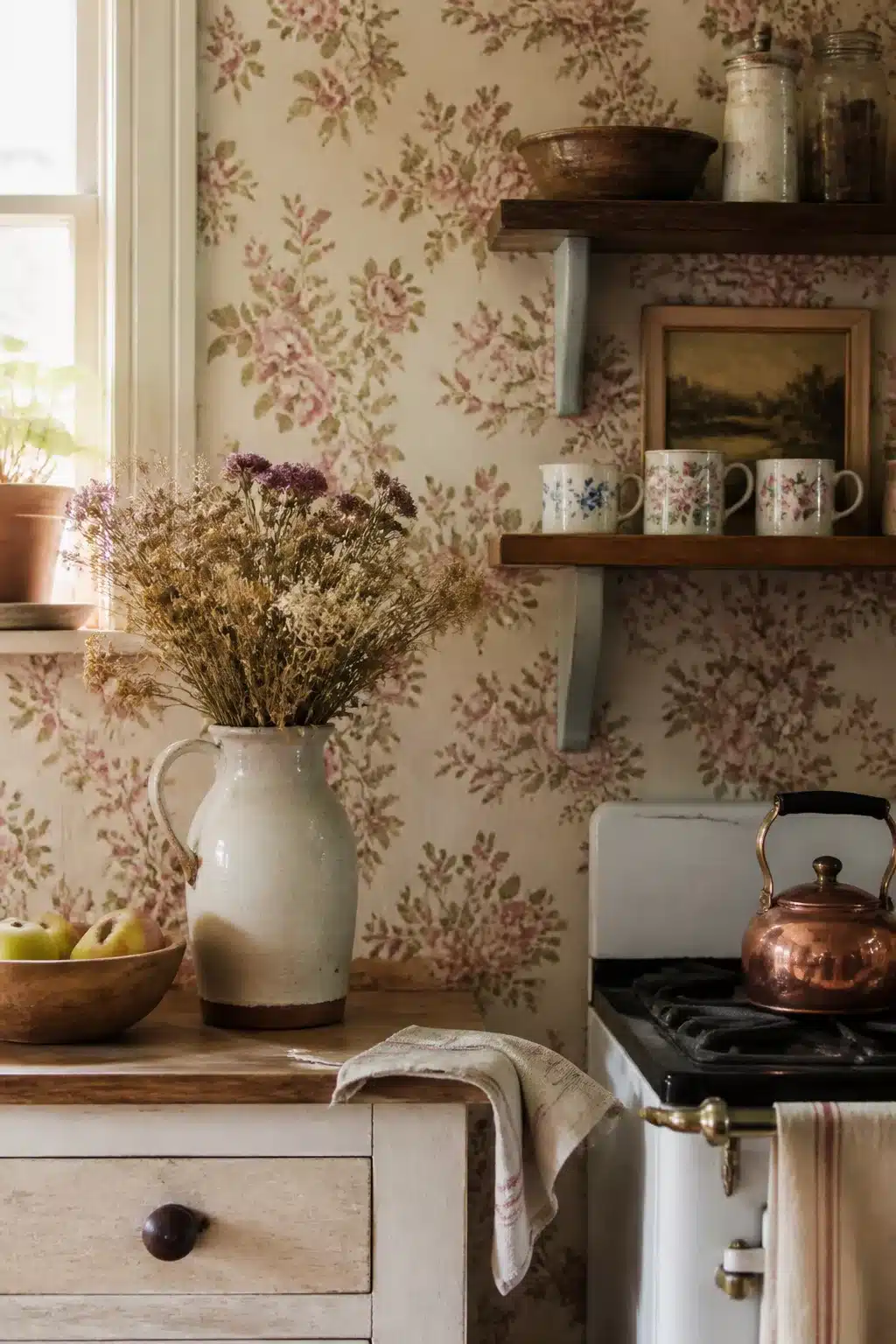 Cottage kitchen aesthetic with vintage pink floral wallpaper, open wood shelves, dried flowers & copper kettle