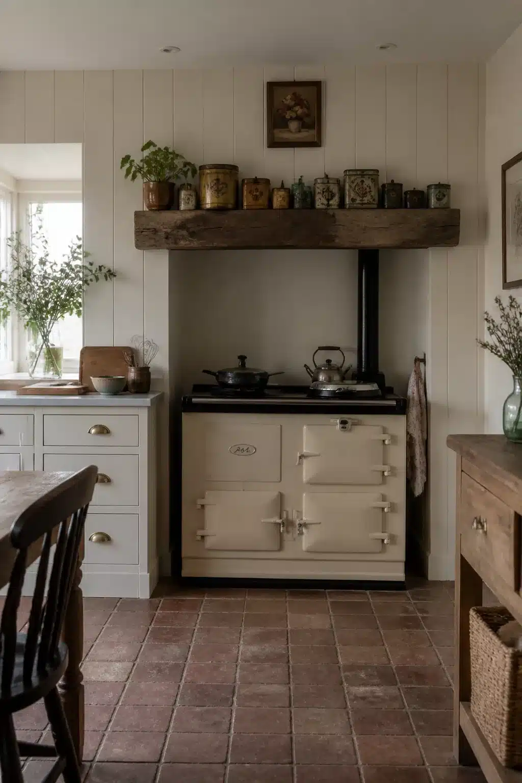 Cottage kitchen aesthetic with tongue-and-groove paneled walls, rustic oak beam shelf, and cream Aga range cooker.