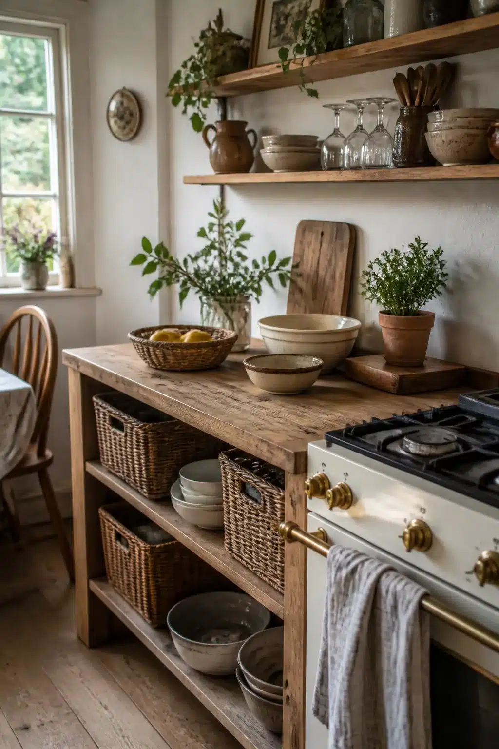 Wicker baskets and reclaimed wood kitchen island in a cozy cottage kitchen aesthetic with open shelving