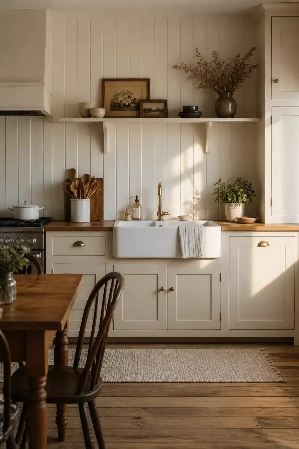 Cream beadboard cottage kitchen backsplash with farmhouse sink, brass faucet, and butcher block counters.