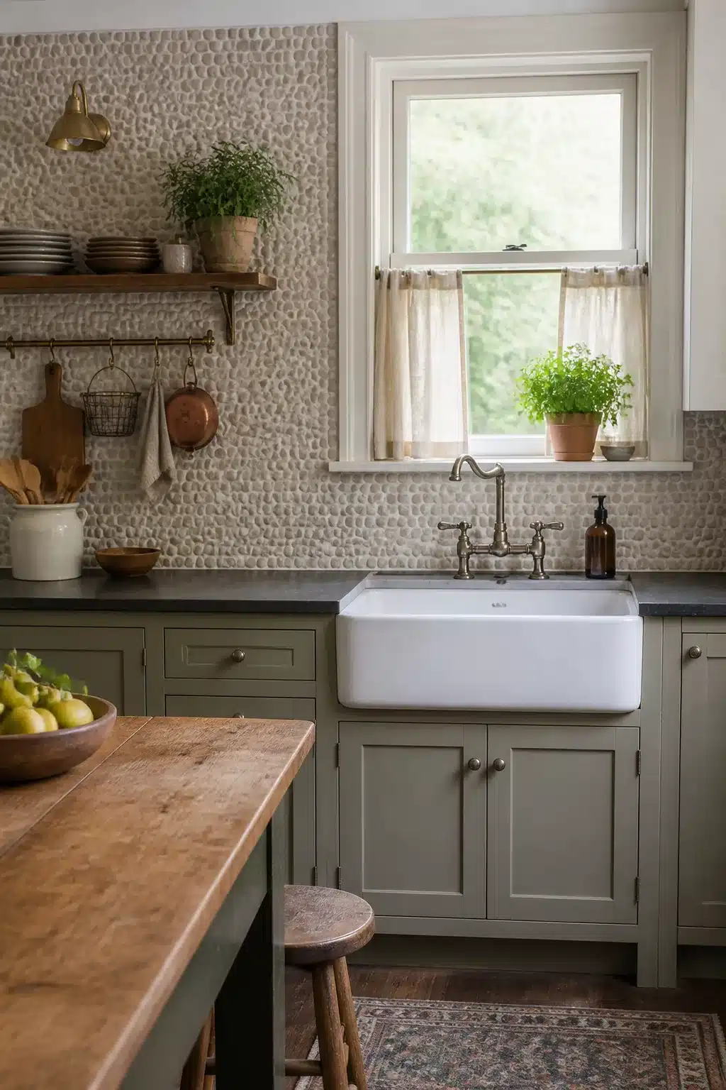Cottage kitchen backsplash with pebble stone mosaic, sage green cabinets, farmhouse sink, and brass fixtures.