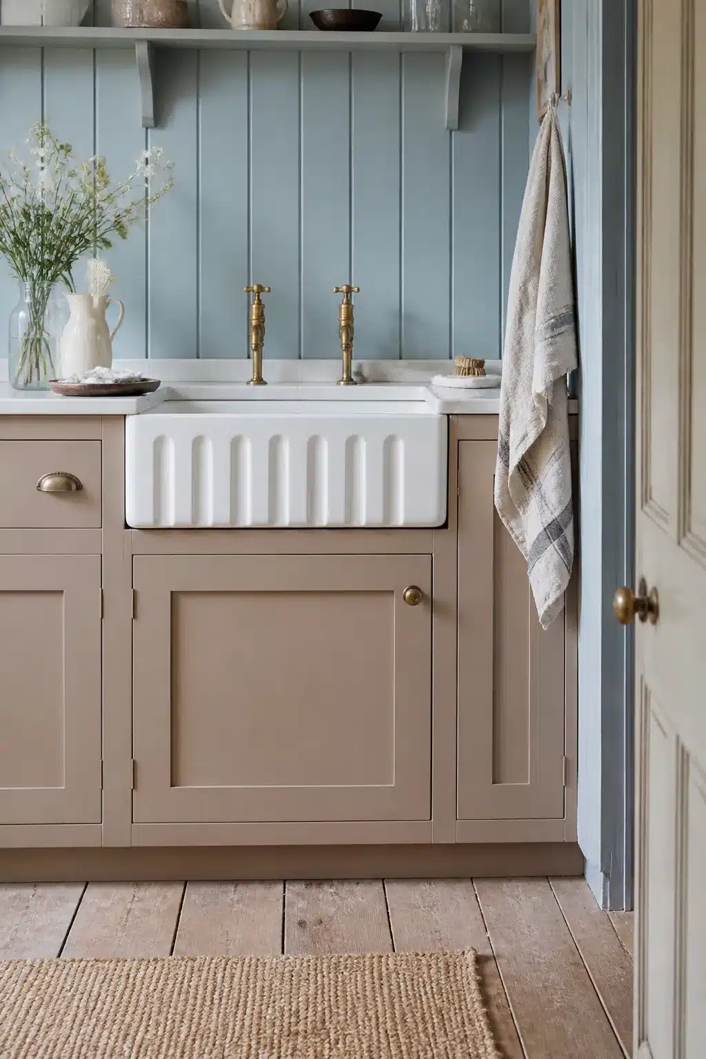 Dusty blue painted tongue-and-groove cottage kitchen backsplash with farmhouse sink and brass taps