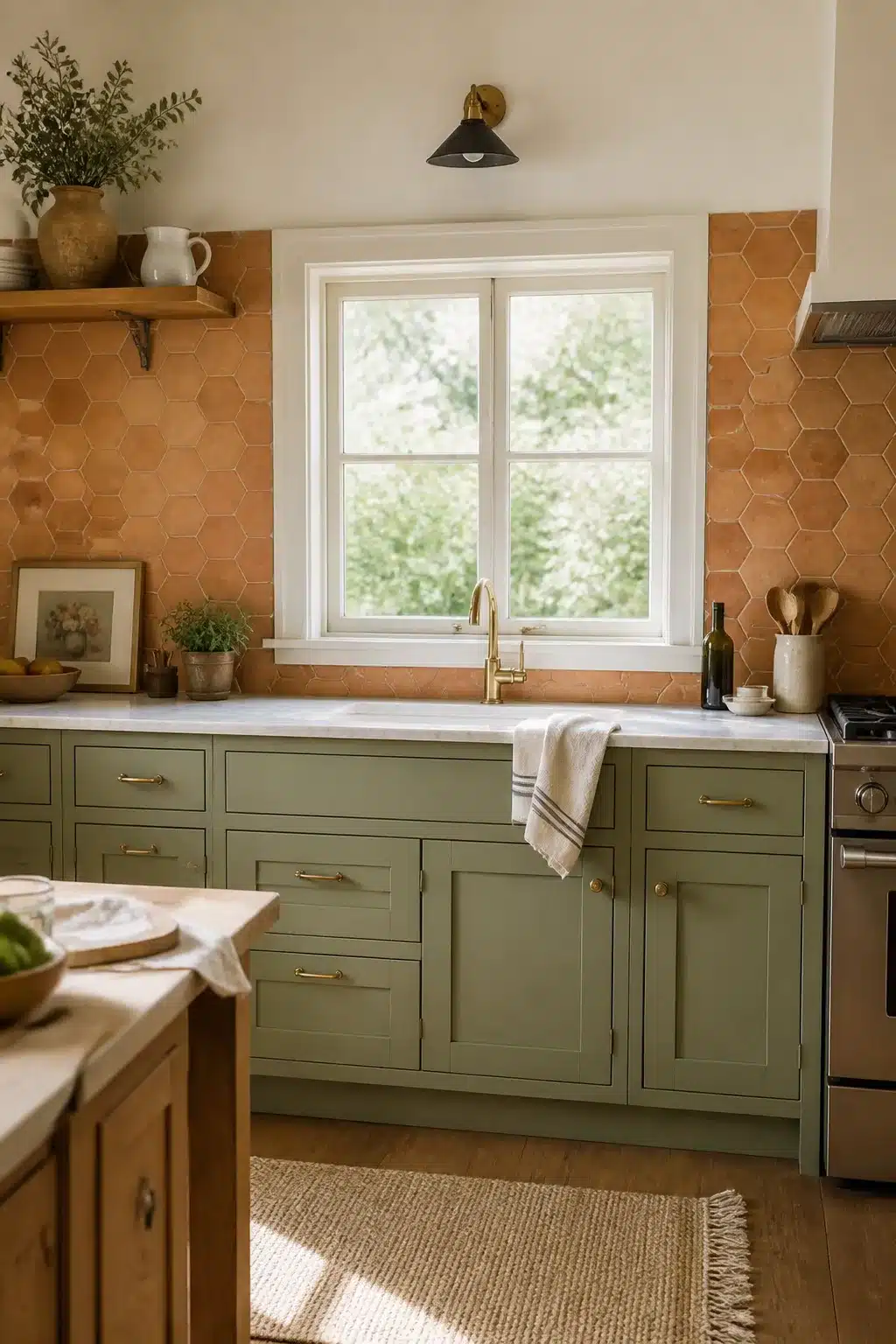 Cottage kitchen backsplash with terracotta hexagon tiles, sage green cabinets, brass hardware, and a farmhouse sink.