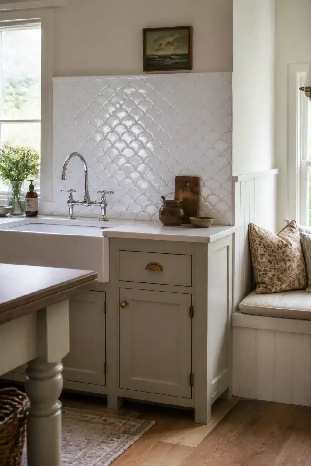 White scallop shell tile cottage kitchen backsplash with greige cabinets, farmhouse sink, and bridge faucet