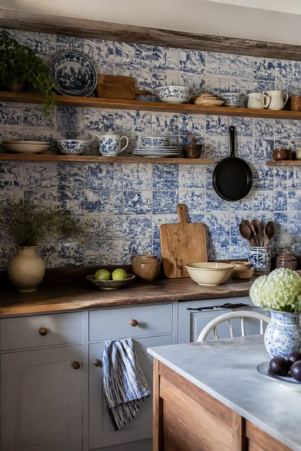 Blue and white chinoiserie story tile backsplash in a cottage kitchen with gray cabinets and open wood shelving.