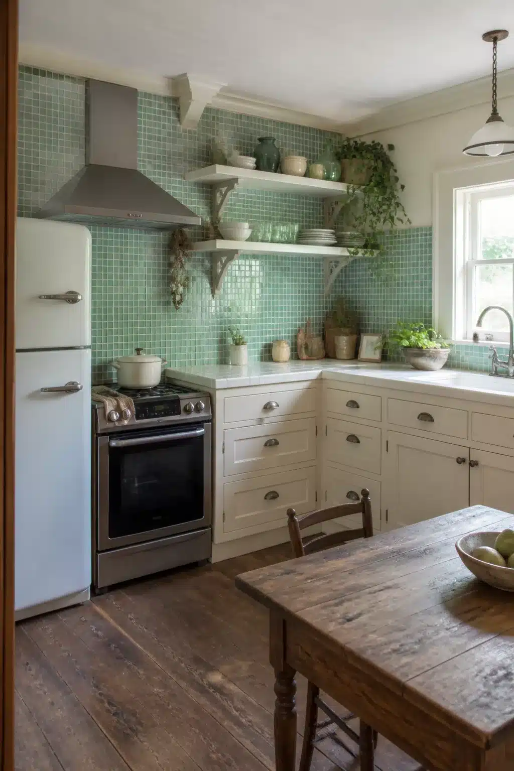 Sea green recycled glass mosaic tile cottage kitchen backsplash with cream shaker cabinets and wood floors