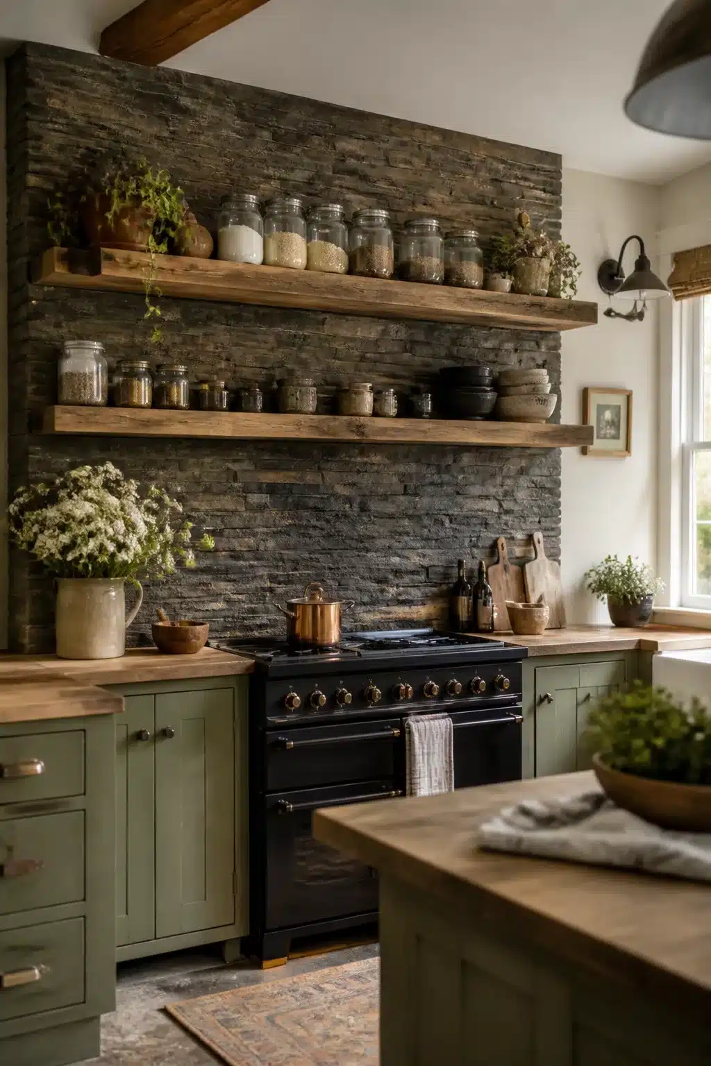 Dark stacked stone ledger backsplash in a cottage kitchen with olive cabinets and reclaimed wood shelves