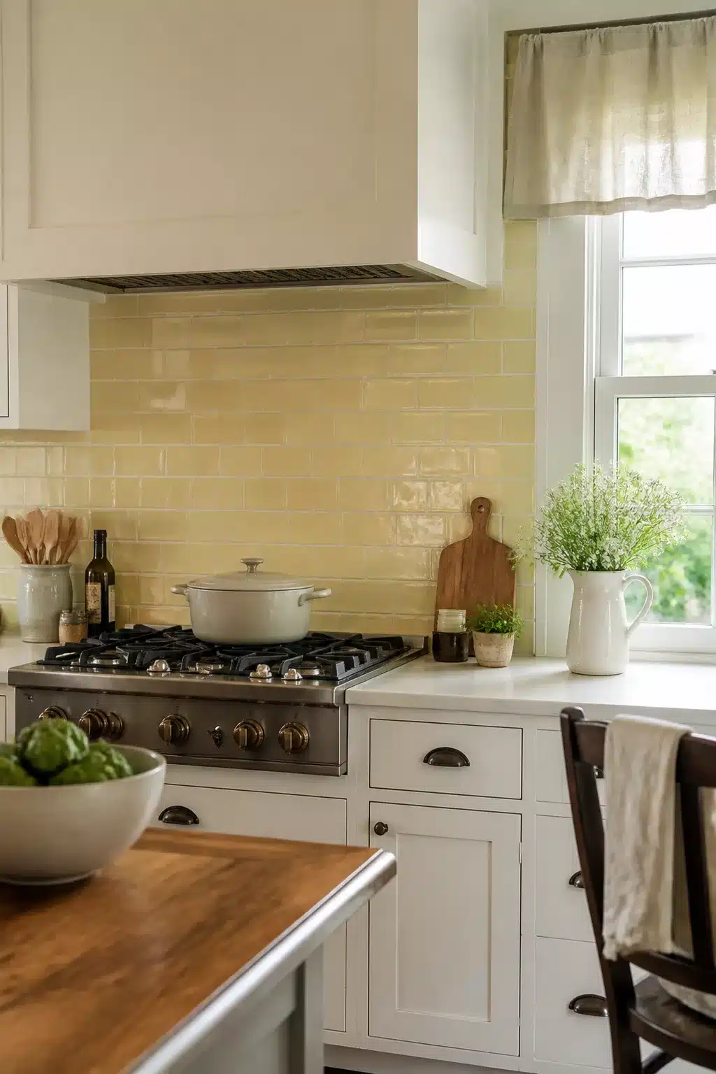 Butter yellow glazed subway tile cottage kitchen backsplash with white shaker cabinets and gas range