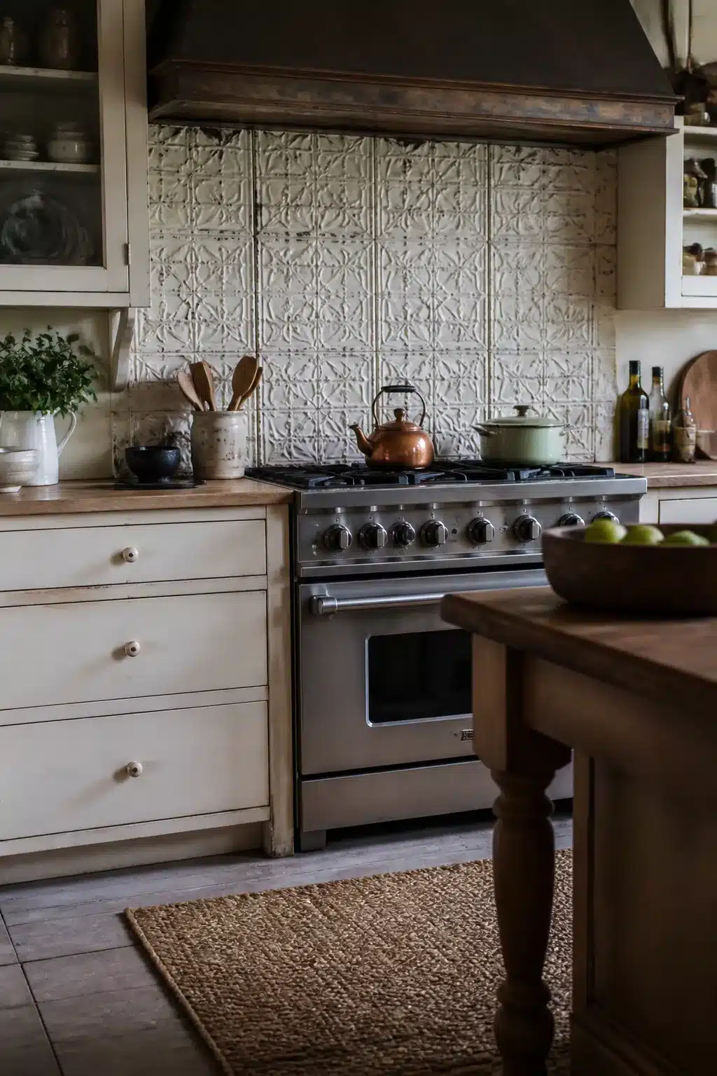 Distressed tin ceiling panel backsplash in a cottage kitchen with cream cabinets and wood range hood
