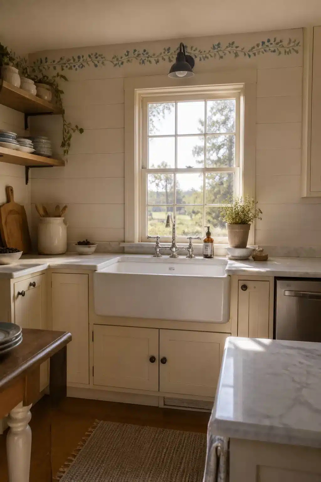 White painted shiplap backsplash with stenciled botanical border in a cottage kitchen — cottage kitchen backsplash idea