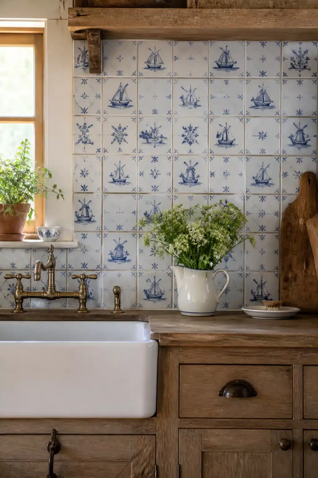 Cottage kitchen backsplash with hand-painted blue and white Delft tiles, farmhouse sink, and brass bridge faucet.
