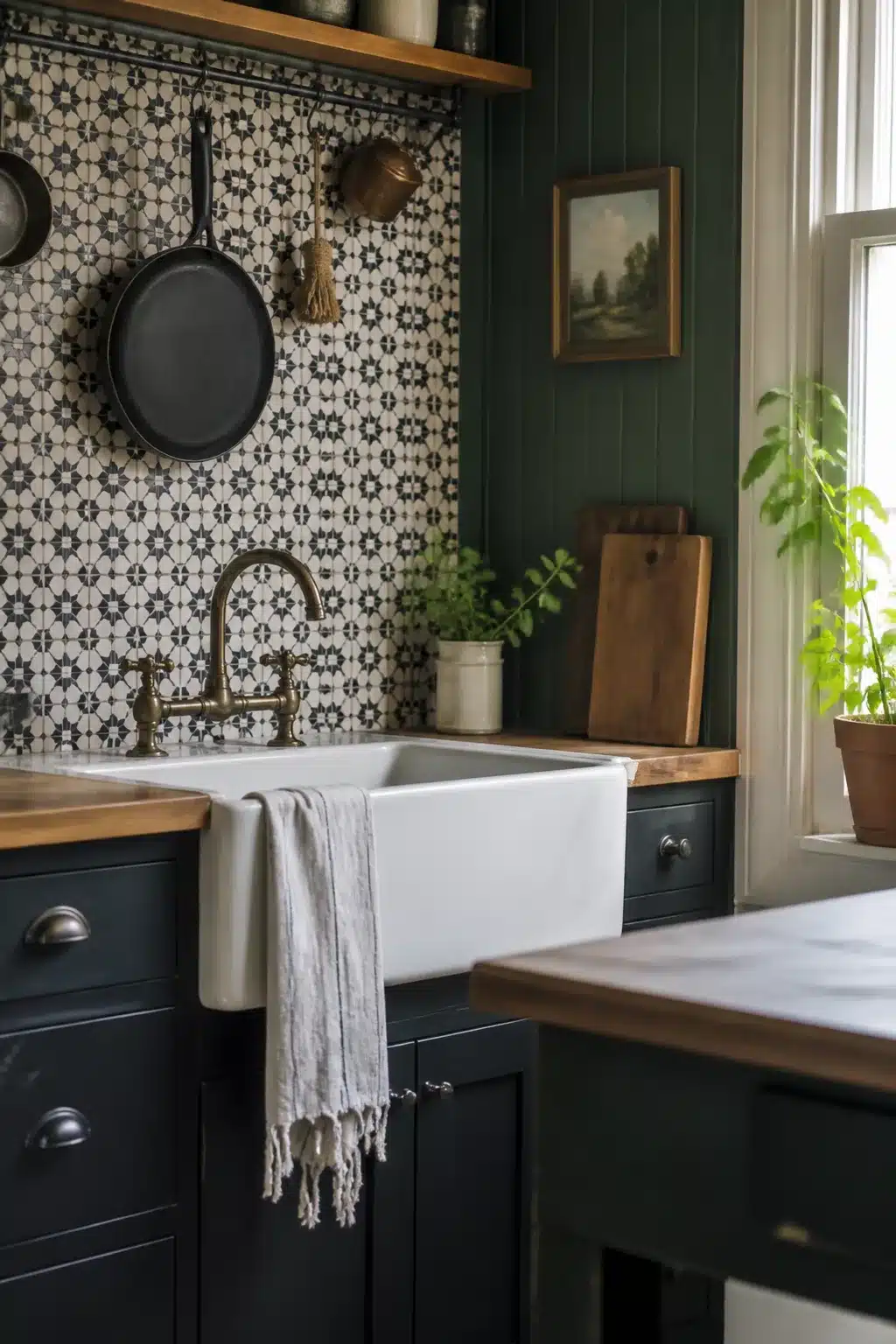Black and white geometric Victorian tile cottage kitchen backsplash with farmhouse sink and brass faucet