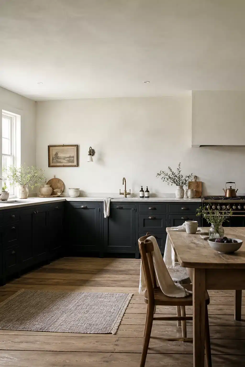 Cottage kitchen backsplash with raw limewash plaster walls, dark shaker cabinets, and brass fixtures