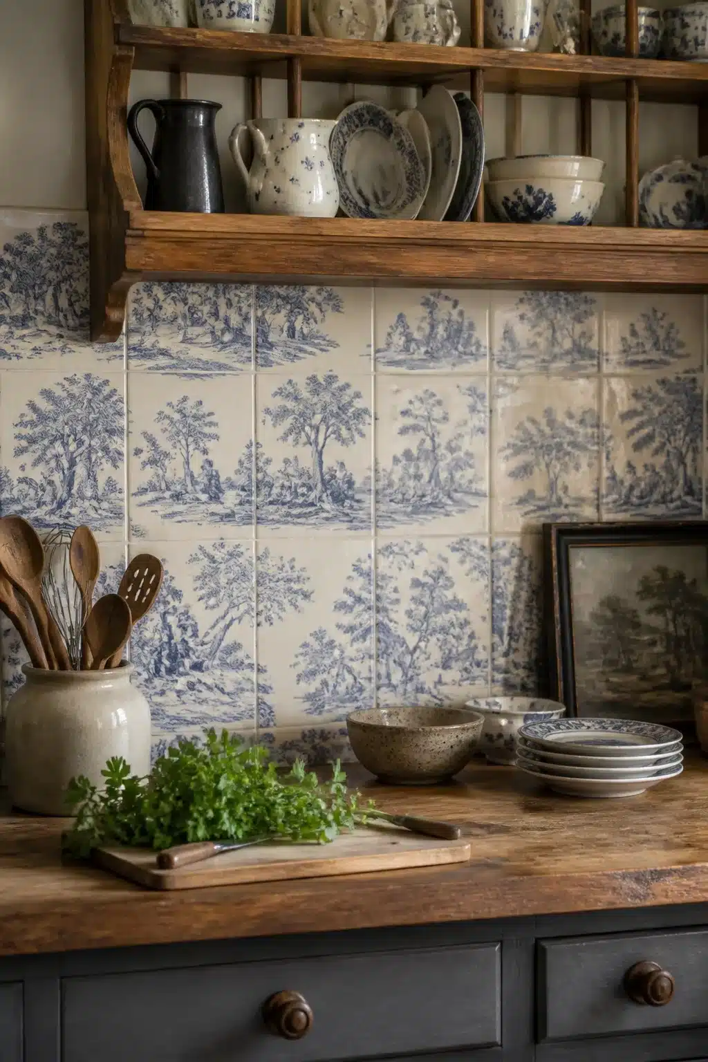 Cottage kitchen backsplash with blue and white toile de Jouy scenic transfer tiles, wood counter and plate rack