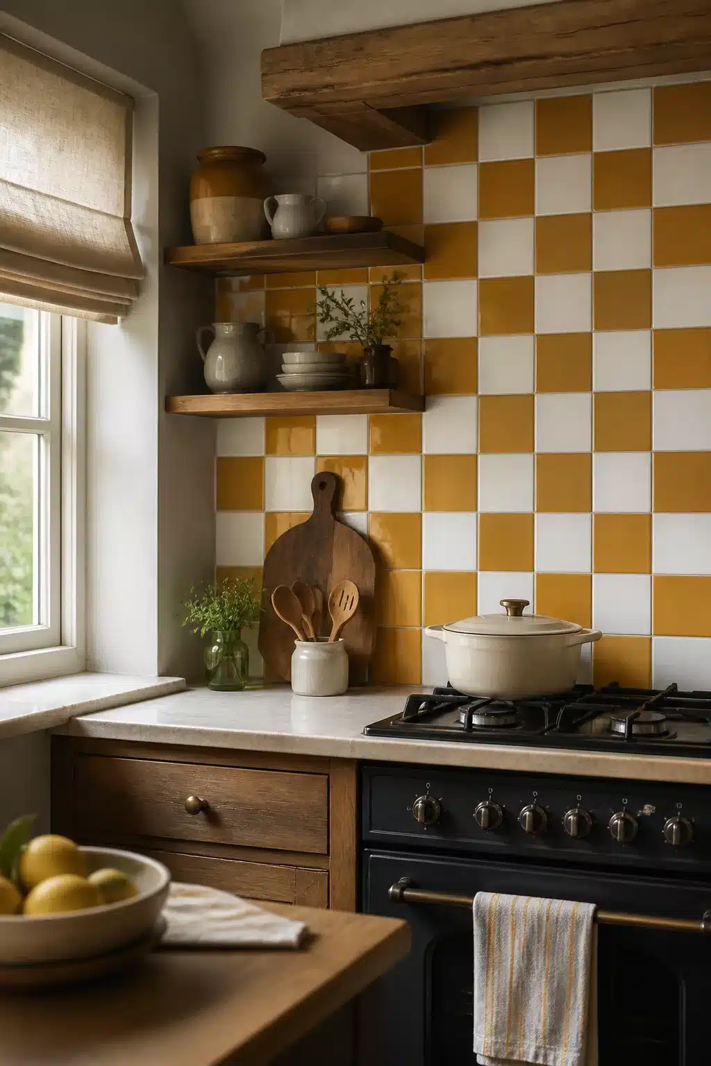 Ochre and white checkerboard tile cottage kitchen backsplash with black range and wood open shelves