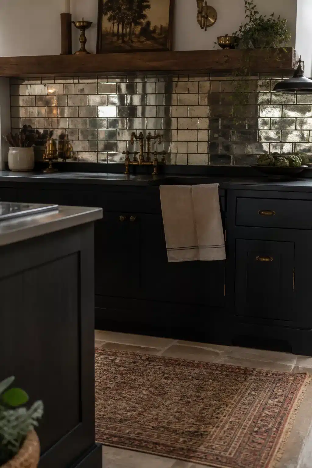 Aged mirror glass subway tile cottage kitchen backsplash with black cabinets and brass fixtures
