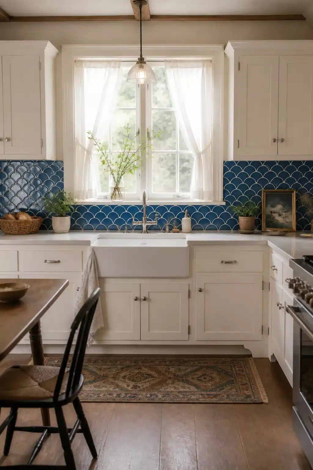 Cobalt blue fish scale tile backsplash in a white cottage kitchen with farmhouse sink — cottage kitchen backsplashes