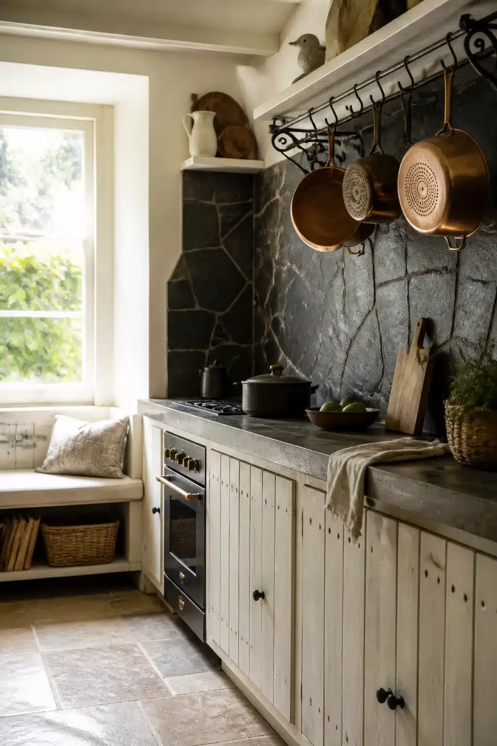 Rough-cut slate stone cottage kitchen backsplash with copper pans and wrought-iron pot rack — cottage kitchen backsplash ideas