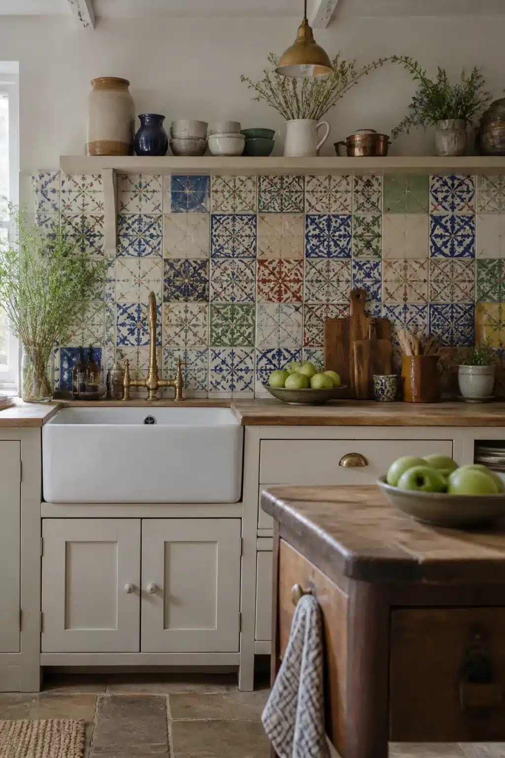 Cottage kitchen backsplash with multicolor patchwork antique tiles, farmhouse sink, and butcher block countertop