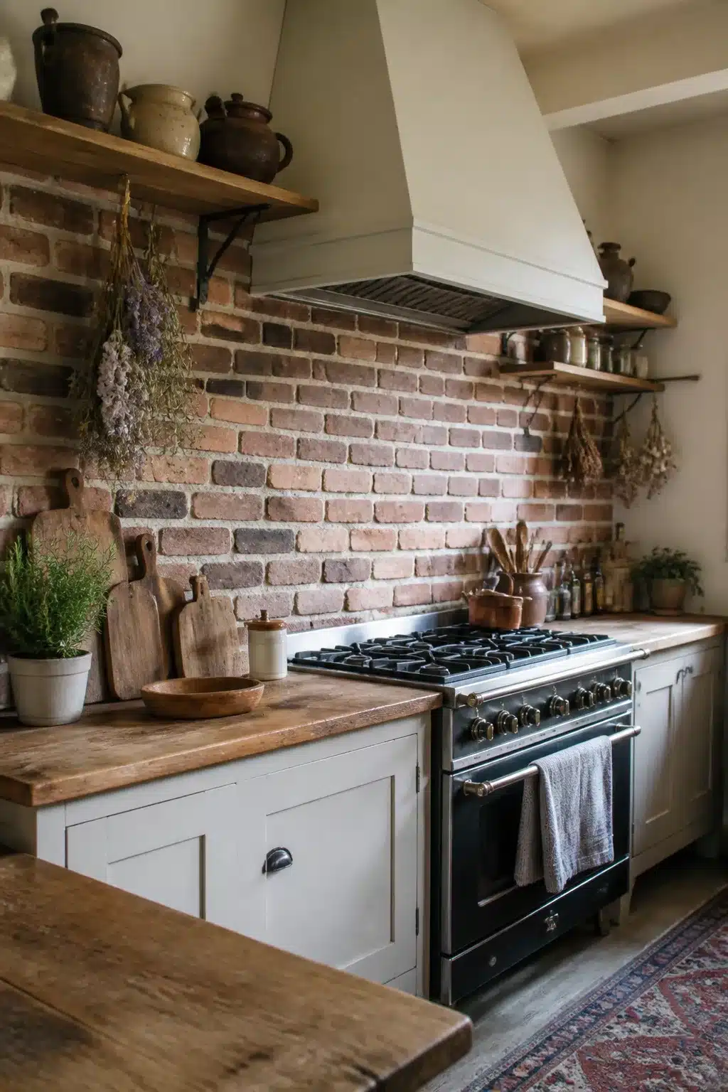 Cottage kitchen backsplash with exposed reclaimed brick, butcher block counters, and a black range stove