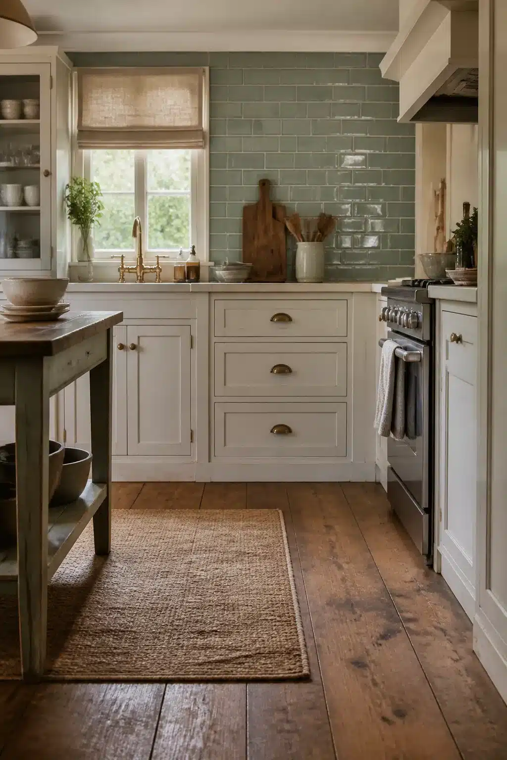 Sage green glazed subway tile cottage kitchen backsplash with white shaker cabinets and brass hardware