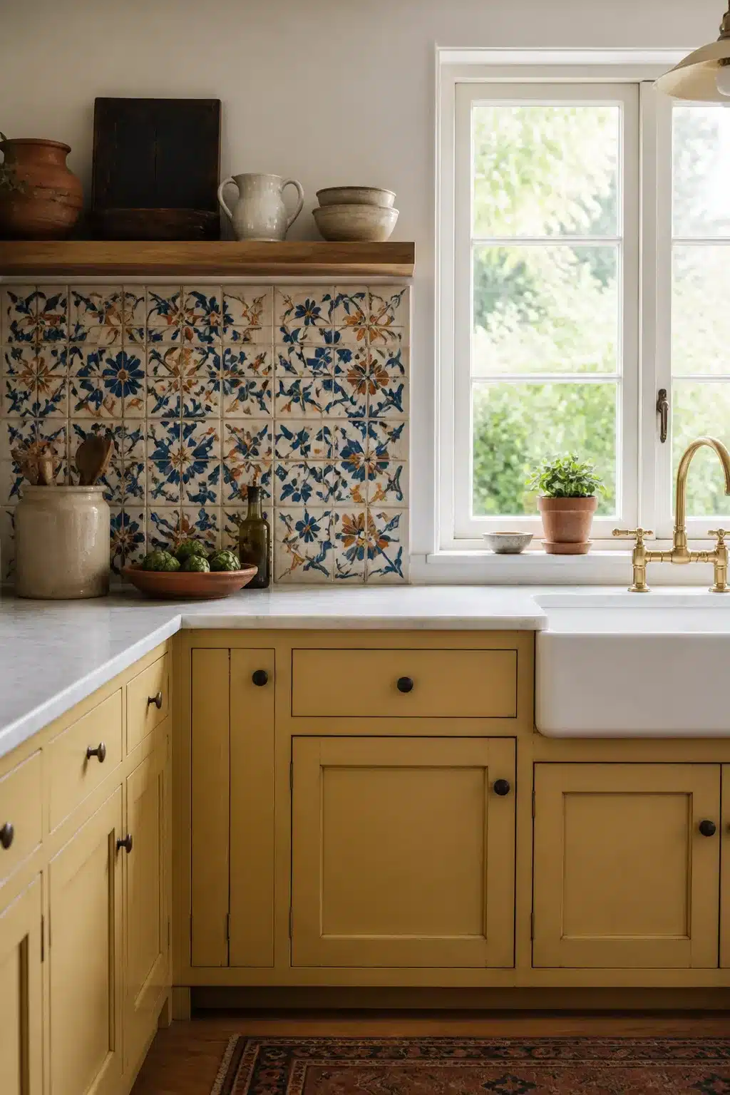 Cottage kitchen backsplash with hand-painted floral majolica tiles, mustard yellow cabinets, and a farmhouse sink.