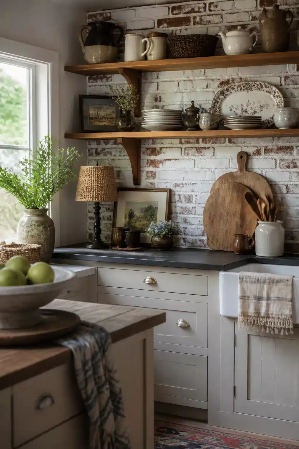 Whitewashed brick cottage kitchen backsplash with dark stone counters, open wood shelves & farmhouse sink