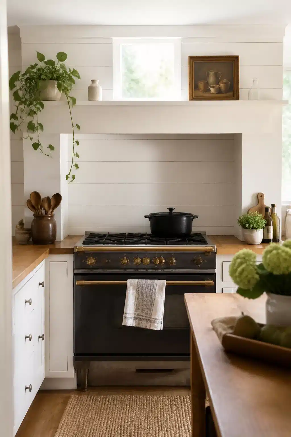 Cottage kitchen backsplash idea featuring white shiplap panels behind a black vintage gas range with brass knobs.