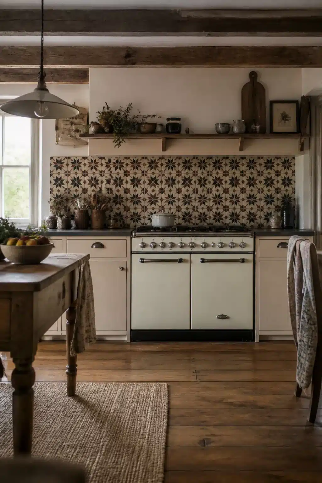 Star-pattern encaustic cement tile cottage kitchen backsplash with cream cabinets and vintage range cooker
