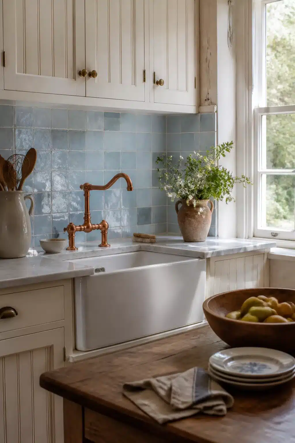 Pale blue handmade square tile cottage kitchen backsplash with copper faucet and white farmhouse sink