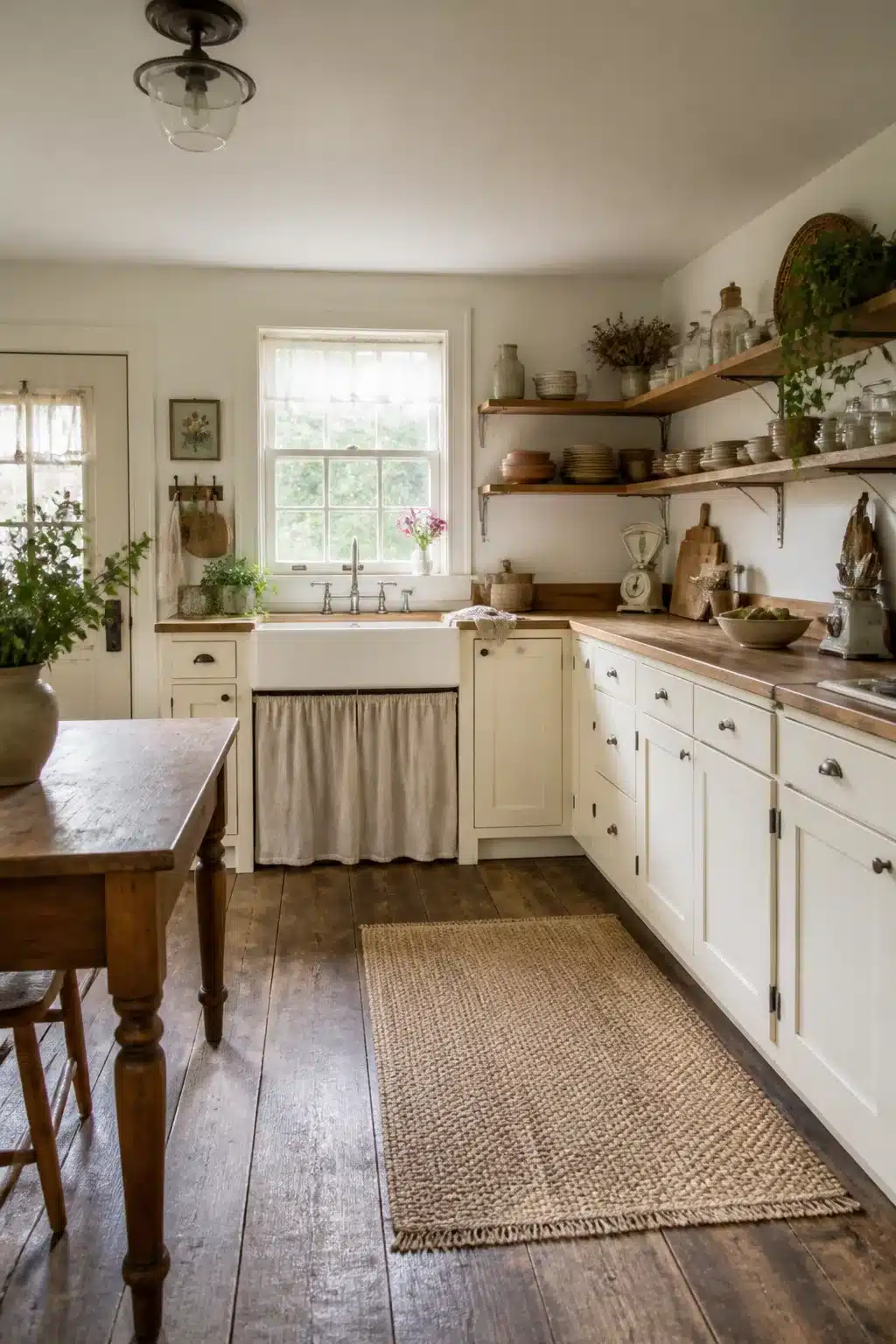 Cream shaker cabinets with open wood shelving and apron sink in a rustic cottage kitchen decor setting