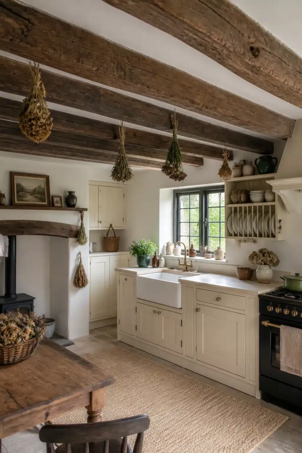 Rustic cottage kitchen decor with exposed wooden ceiling beams and dried herb bundles hanging above cream cabinets