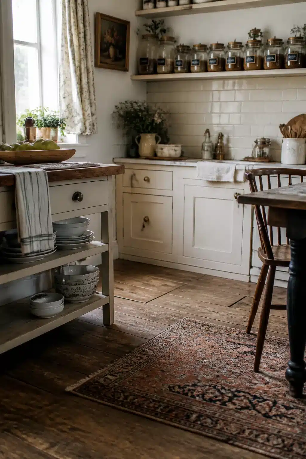 Cottage kitchen decor with apothecary spice jars on open wooden shelves above white subway tile backsplash.