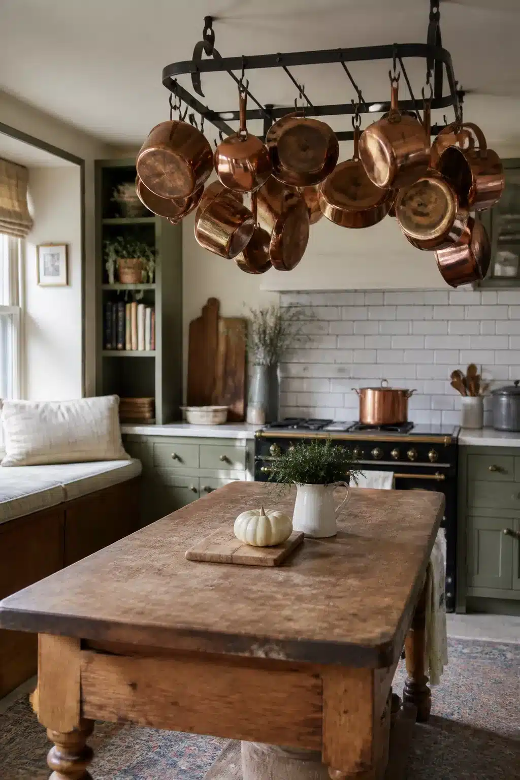 Cottage kitchen decor with copper pot rack, wrought iron frame, sage green cabinets, and antique wood island