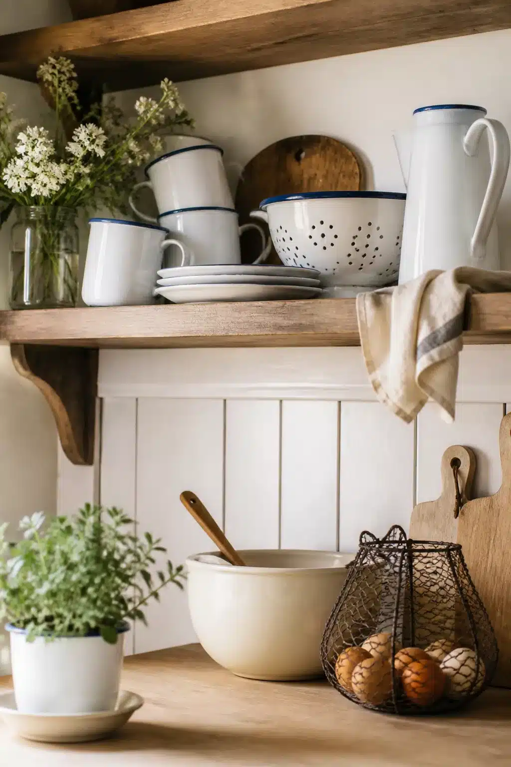 Blue-rimmed enamelware mugs and colander on rustic wood shelves in cottage kitchen decor with wire basket and stoneware bowl