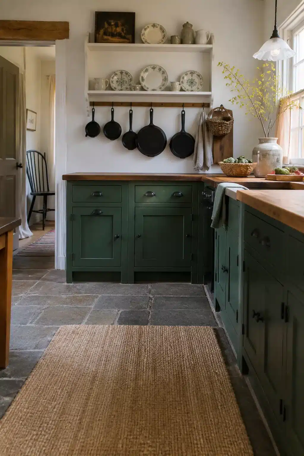 Dark green lower cabinets with black iron hardware in a rustic cottage kitchen decor setting with butcher block counters