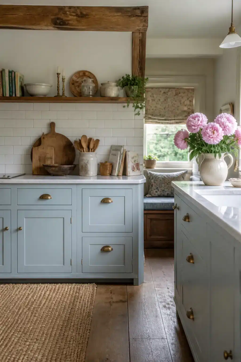 Pastel blue shaker cabinets with brass cup pulls in a rustic cottage kitchen decor with wood beam shelf
