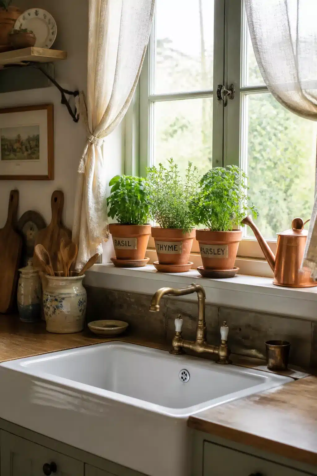 Terracotta herb pots on a windowsill above a farmhouse sink — cottage kitchen decor with copper accents