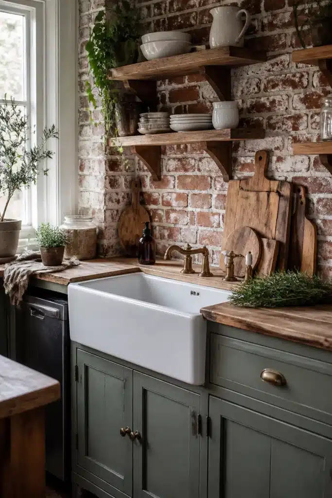 Cottage kitchen decor with exposed brick backsplash, sage green cabinets, brass faucet, and farmhouse sink