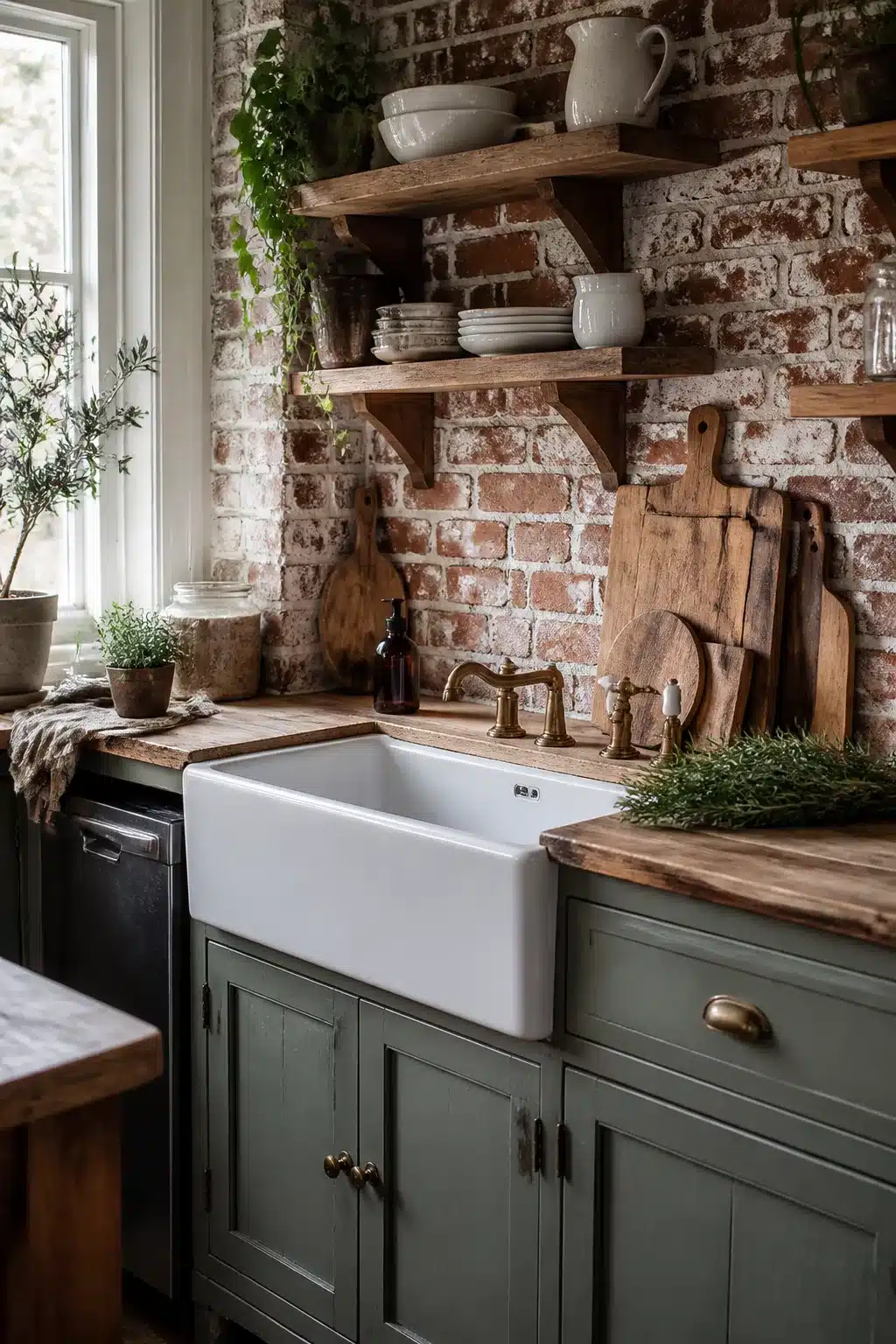 Cottage kitchen decor with exposed brick backsplash, sage green cabinets, brass faucet, and farmhouse sink