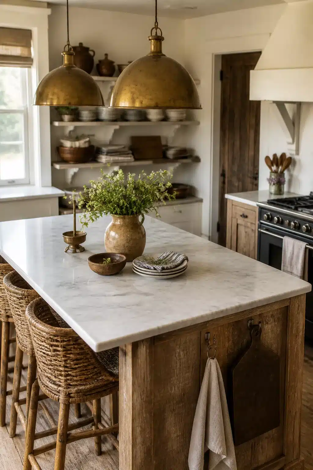 Aged brass dome pendant lights over a marble island in a rustic cottage kitchen decor setting
