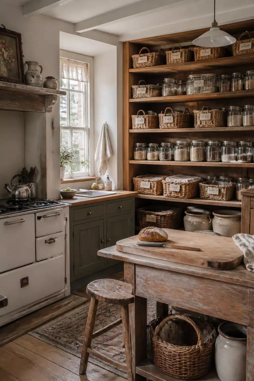 Cottage kitchen decor with wicker baskets and labeled glass jars on open wood shelving for pantry storage