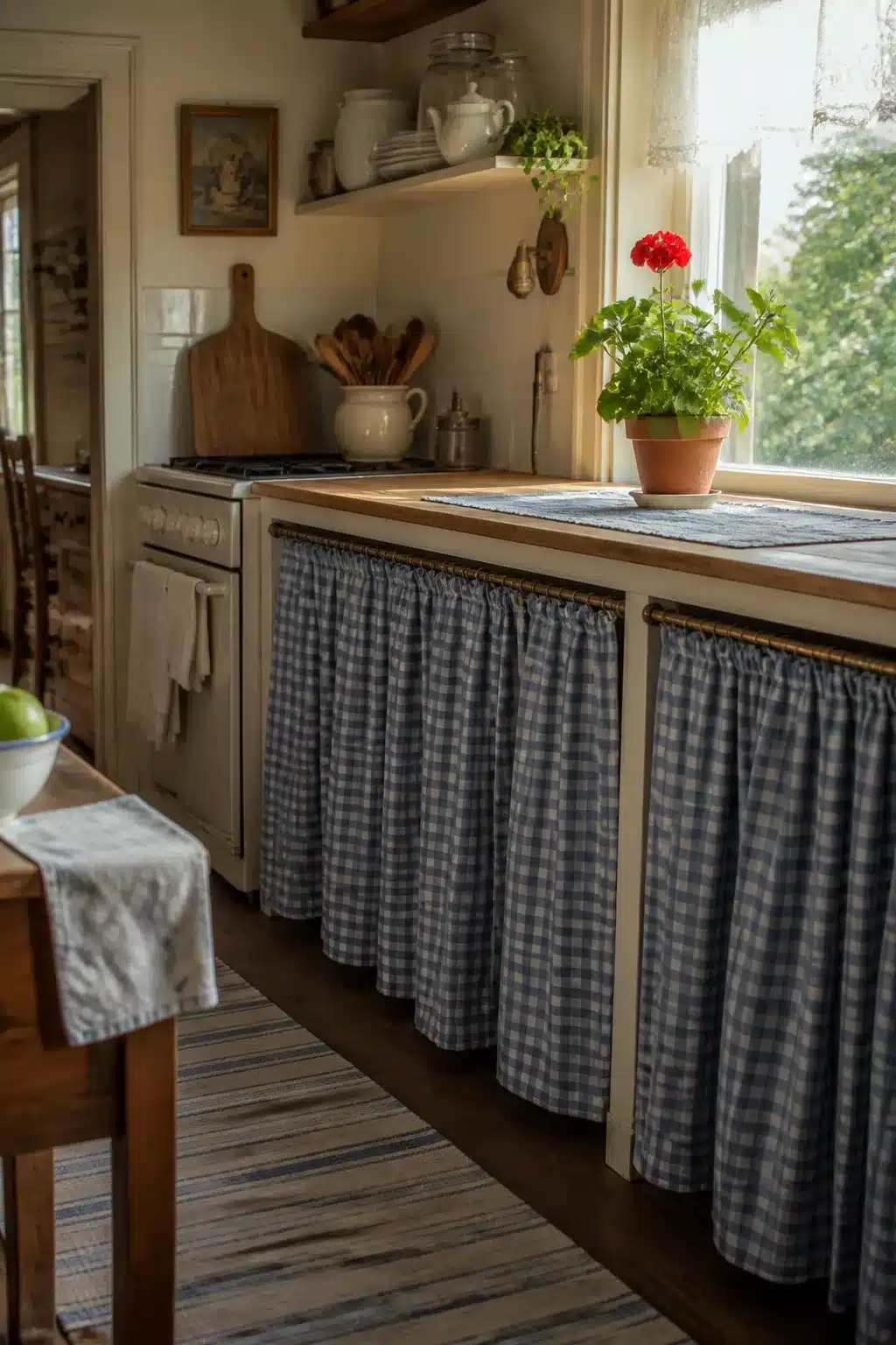 Blue gingham under-counter curtains in a rustic cottage kitchen decor with geraniums and striped rug