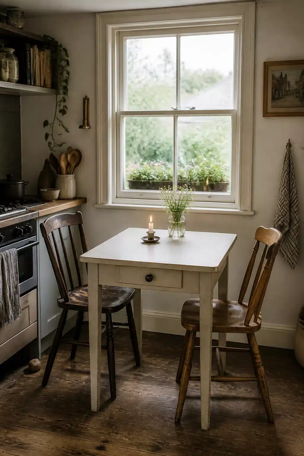 Small cream cottage kitchen table for two with mismatched wooden chairs, candle, and garden window — Cottage Kitchen Tables