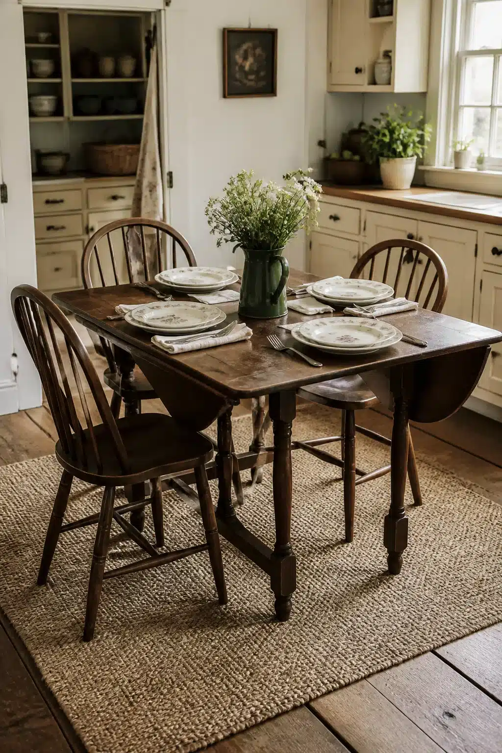 Antique dark wood gate-leg table with Windsor chairs in a cottage kitchen — cottage kitchen tables idea