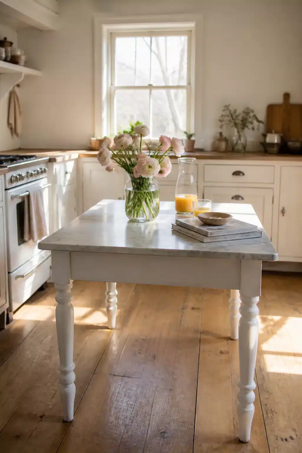 Marble-top cottage kitchen table with white turned legs, pink flowers, and wide plank floors in a bright farmhouse kitchen.