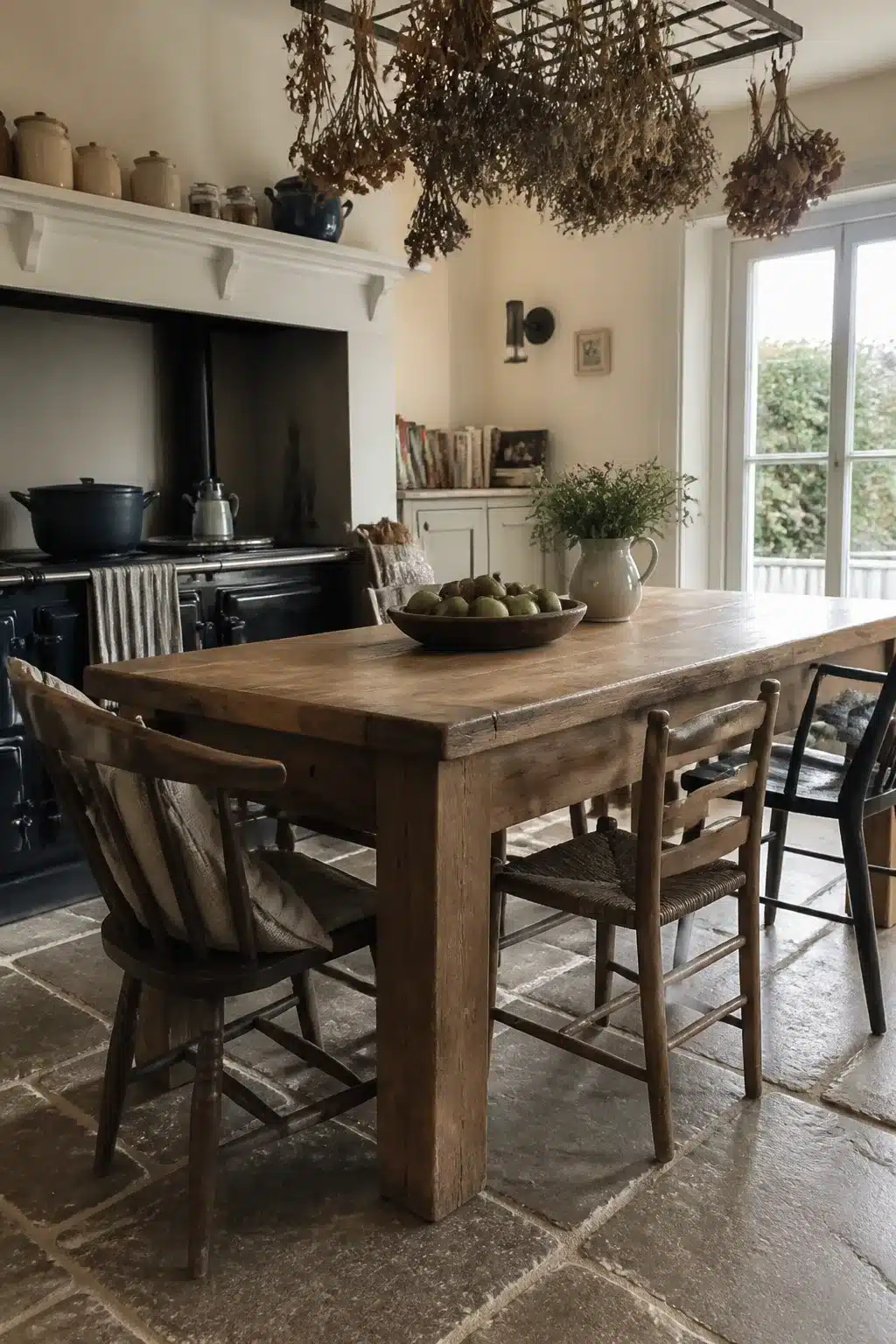 Chunky bleached oak refectory table on stone flag floors in a rustic cottage kitchen with an Aga range