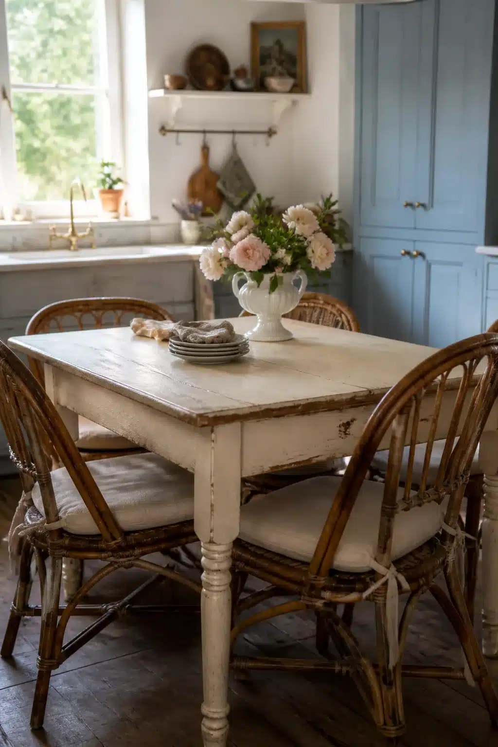 Distressed cream cottage kitchen table with rattan chairs, blue painted cabinets, and peony centerpiece — cottage kitchen tables idea.